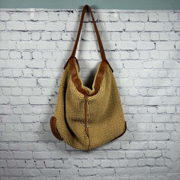 Lucky Brand Woven Jute & Leather Boho Shoulder Bag Purse - Picture 2 of 15